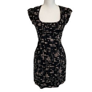 French Connection Black Tan Sleeveless Geo Print Sheath Pencil Dress Zipper Sz 4